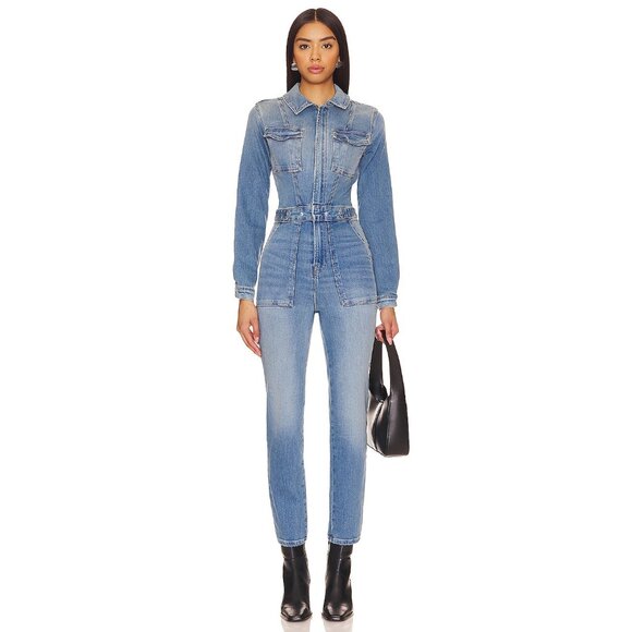 NWT GOOD AMERICAN Blue Washed FIT FOR SUCCESS Jeans Denim Stretch Jumpsuit 1 / S - Picture 1 of 7